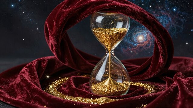 Illusory Hourglass, Metallic Gold Grains or Mystical Hourglass on Crimson Cloth