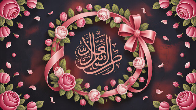 Beautiful floral wreath with pink roses, green leaves, and a satin ribbon, framing elegant Arabic calligraphy for a festive occasion.