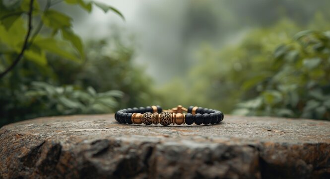 Meditation accessory bracelet containing orgone energy generators within a peaceful natural backdrop