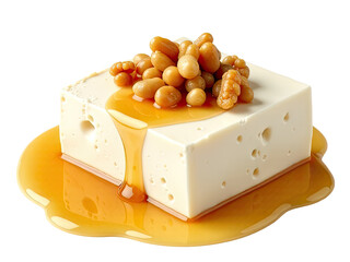 A slice of cheese with nuts on top, perfect for snacking or as part of a meal