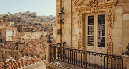 Fototapeta premium Heritage architecture and urban preservation seen on a Maltese balcony in tourist season