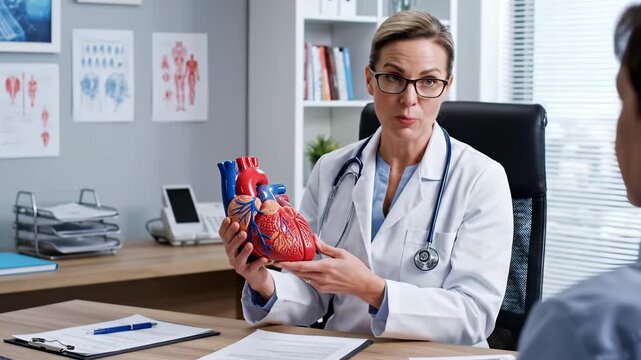 A knowledgeable doctor explains heart anatomy with a model, passionately discussing vital functions, while her attentive patient engages in learning about cardiovascular health.