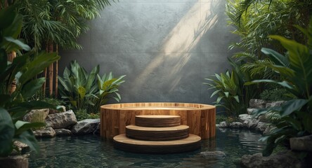 Obraz premium Environmental spa design with natural wood log texture on matte gray background and copy space