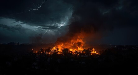 Fototapeta premium Homes on fire at night with heavy smoke and dramatic dark cloud coverage