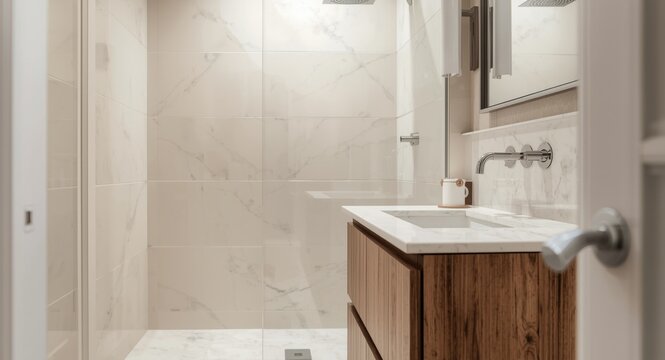 Modern bathroom renovation with wooden vanity cabinet and marble sink plus large marble shower tiles