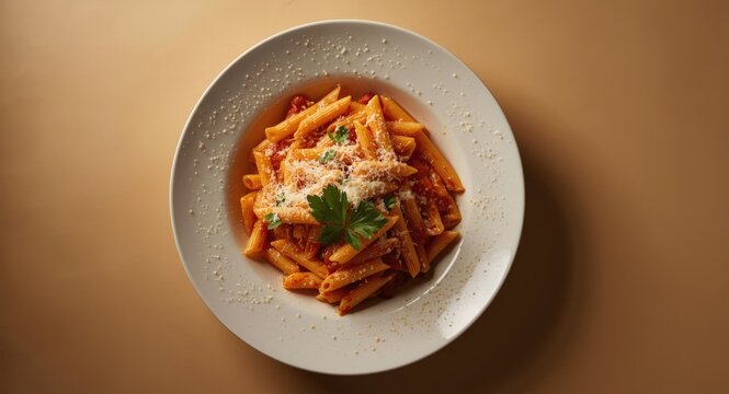 Overhead composition of penne alla vodka pasta sprinkled with cheese and parsley with copy space
