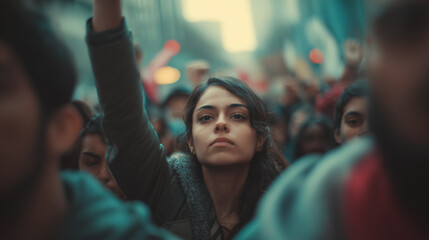Gen Z protester with hands raised in peaceful demonstration, ai generated