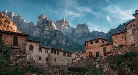 Mountain village with rustic stone architecture set within impressive peak formations