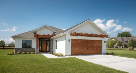 Modern white home with garage enhanced by wood design elements viewed outside