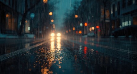 Fototapeta premium Night street scene in winter rain with glowing bokeh light artistic abstraction