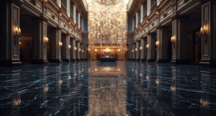 Luxury hotel atrium decorated with smooth polished black marble flooring and warm soft bokeh lighting for design background