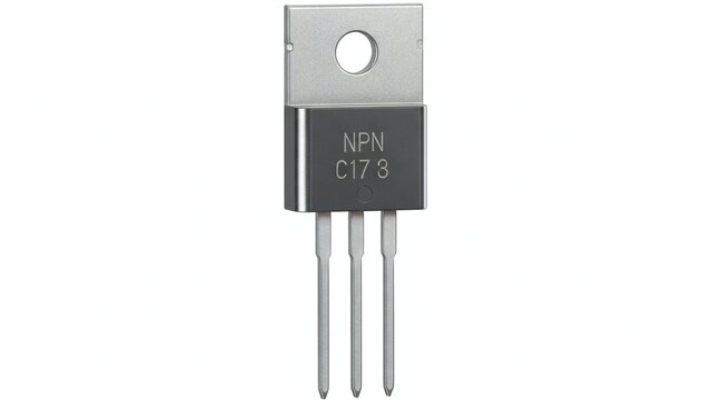 NPN C173 transistor component with three metal pins, viewed from a close-up, eye-level perspective