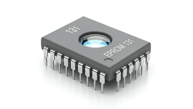 Erasable programmable read only memory eprom chip with glass quartz window and silver pins on gray body