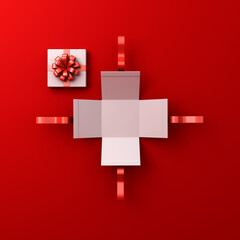 Blank unfold white gift box or top view of open white square present box tied with red ribbon bow isolated on dark red background with shadow concept for christmas and valentines days 3D rendering
