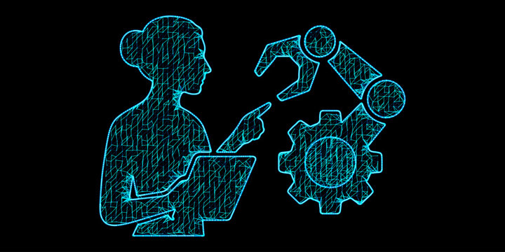Woman Pointing at Robotic Arm Vector - Digital Mesh Female Engineer with Industrial Robot for Automation and STEM Technology