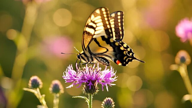 Butterfly with intricate wing patterns perched atop a flower in natural light