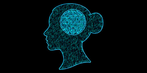 Global AI Network Head Vector - Digital Mesh Woman with World Map Brain for International Connectivity © Precision 10K