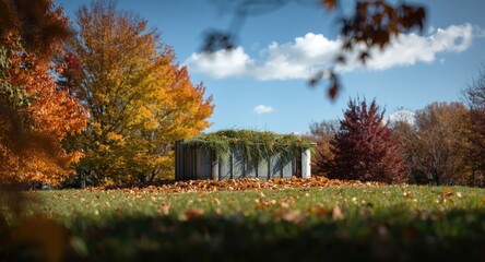 Obraz premium Park cleanup scene showing metal container gathering leaves and grass amid fall colors