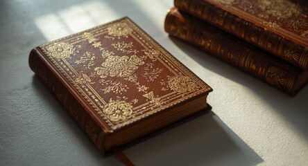 Antique 19th century decorative leather books with intricate gold embossed floral covers on white surface