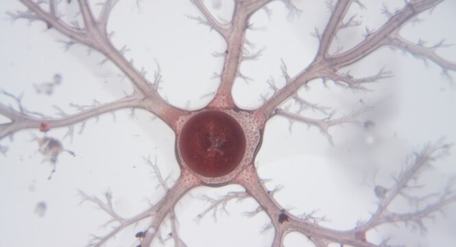 High resolution slide revealing satellite cells around rounded pseudounipolar neuron soma in dorsal root ganglion