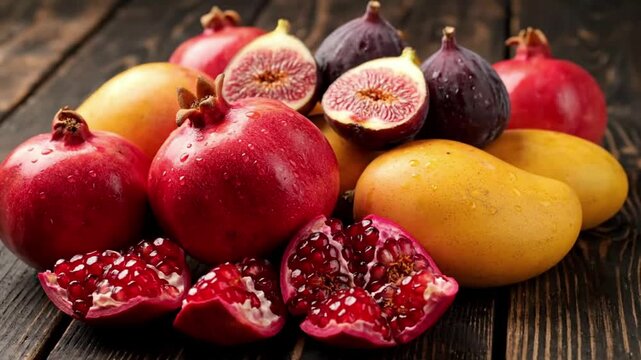 Assortment of fresh pomegranates, figs, and mangoes on a wooden table.