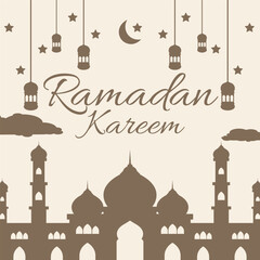 Ramadan Kareem Islamic Mosque Vector Illustration with Lanterns and Crescent Moon