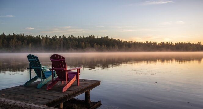 Quiet lakeside sunrise with two colorful Adirondack chairs at dock edge