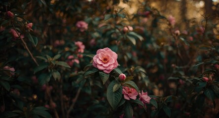 A dense woodland filled with fresh pink camellia flowers blooming