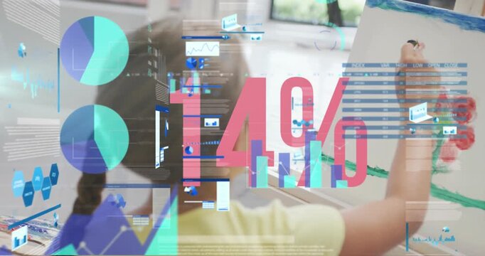 Animation of data processing over diverse schoolchildren painting