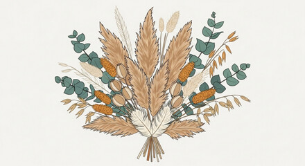 Bohemian dried flower bouquet with pampas grass and eucalyptus natural earth tone arrangement for rustic wedding decor and interior design isolated on textured background © Anisha