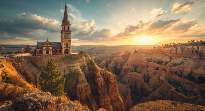 Historic church near dramatic heavenly and hellish sinkholes landscape