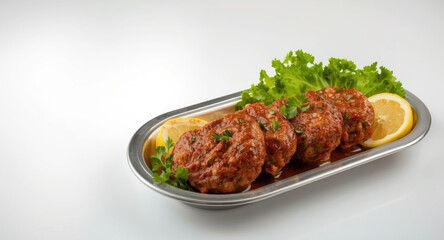 Well styled traditional Cig Kofte on a silver tray with zesty lemon, leafy lettuce, and fresh parsley garnish set against a neat copy space background