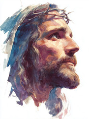 Contemplative Jesus Christ portrait with intentional watercolor imperfections, Generative AI
