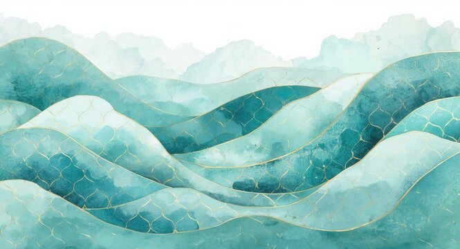 Hand painted Japanese style mermaid scale waves in turquoise watercolor with gold line for wallpaper print
