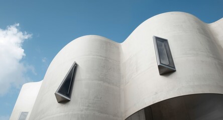 Stylish architectural facade with soft curved walls and sharply angular windows