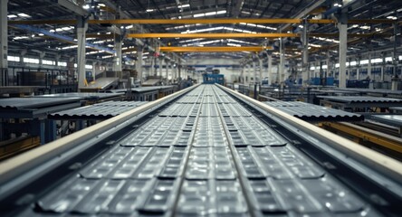 Fototapeta premium Production line conveyor belt forming metal sheets in industrial roof tile factory