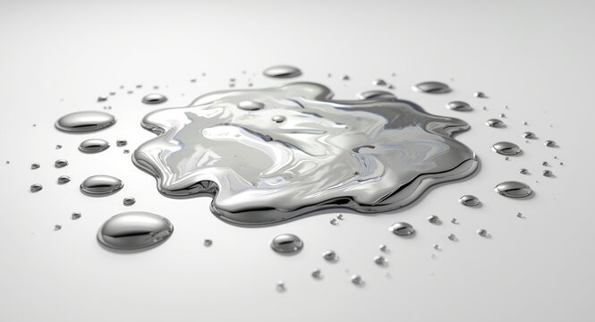 White background with 3D rendered puddle and drops of shiny silver mercury like liquid
