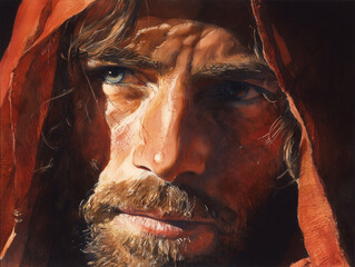 Gentle Savior study: Jesus Christ in traditional painted watercolors, Generative AI