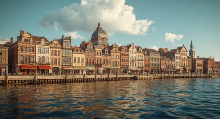 Obraz premium Panoramic sketch of heritage commerce buildings set along a waterfront