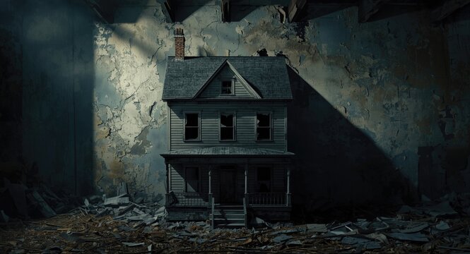 Spooky horror film poster featuring haunted dollhouse and cracked walls