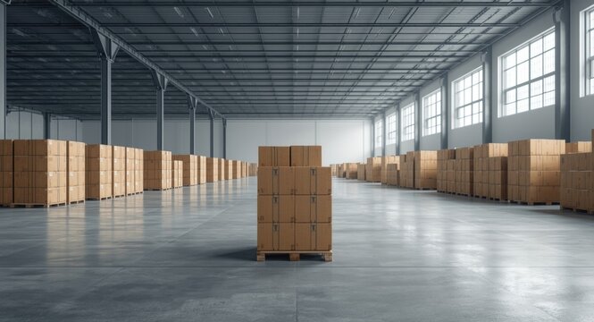 Large warehouse storage filled with neat stacks of cardboard boxes and clear copy space