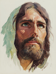 Ethereal watercolor of Jesus Christ with a glowing, peaceful expression, Generative AI