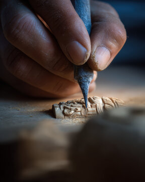 Wood carver handcrafting delicate details