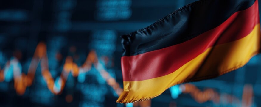 The German flag waving against a blurred financial stock market chart