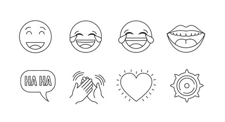 Obraz premium A collection of line art icons depicting various emotions and reactions, including laughing faces, an open mouth, a 'HA HA' speech bubble, clapping hands, a heart, and a gear.
