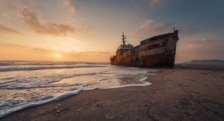 Naklejka premium Alluring shoreline featuring a sunken ship visible at the beach end