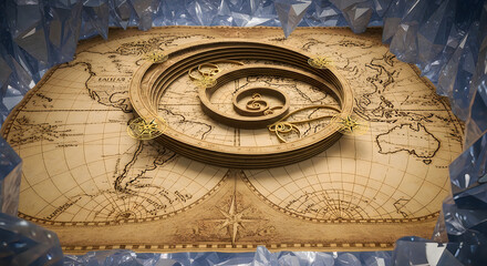 Naklejka premium Vintage world map with complex golden mechanical spiral time mechanism surrounded by blue crystals
