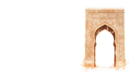 Naklejka premium Watercolor illustration highlighting a historic Muslim mosque arch with ornate geometric and floral designs