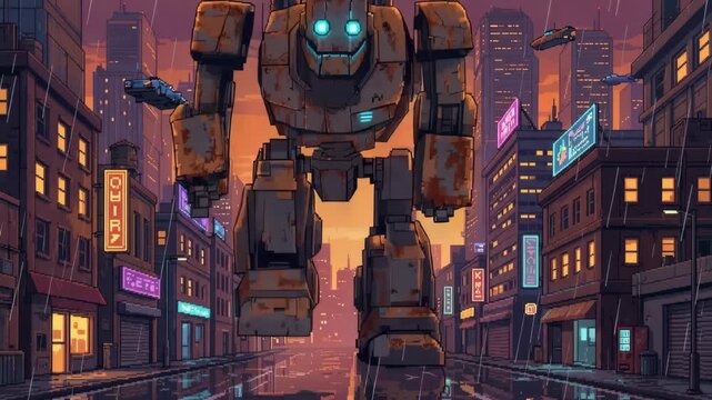 A massive, weathered rusty mech with glowing blue eyes patrols a wet, neon-lit street in a vibrant, dramatic pixel art cyberpunk metropolis at dusk.