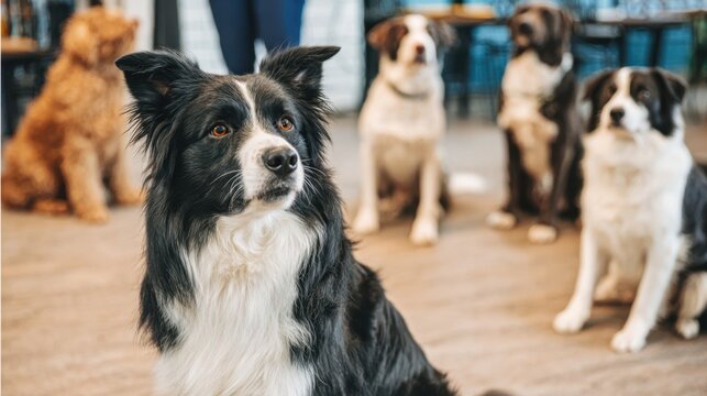 Focused Border Collie in obedience class surrounded by various dog breeds in a modern indoor training studio with natural light